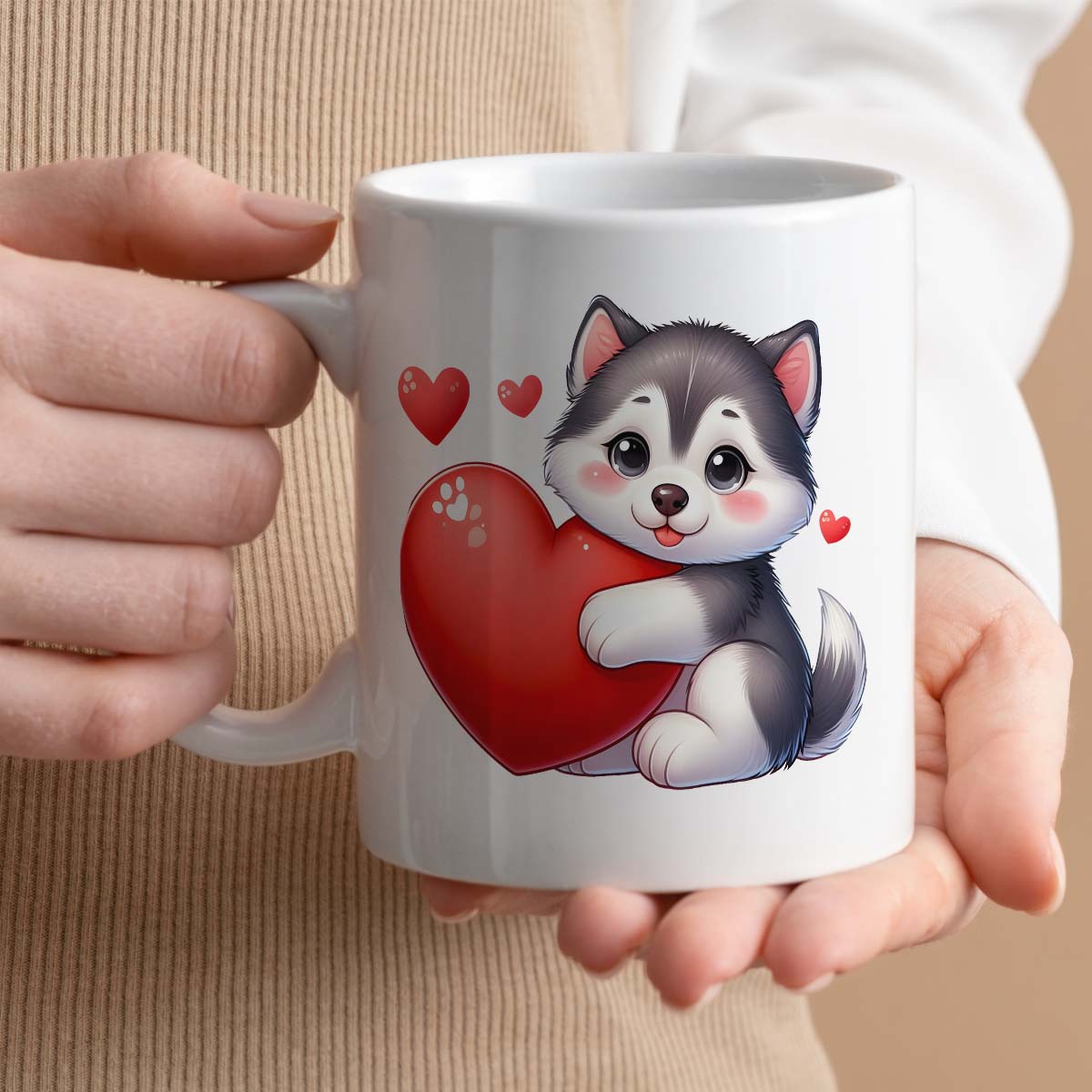 Valentine's Day Romantic Gift Mug | Optional Custom Text Field, 11oz Ceramic | Cute Husky Dog Design