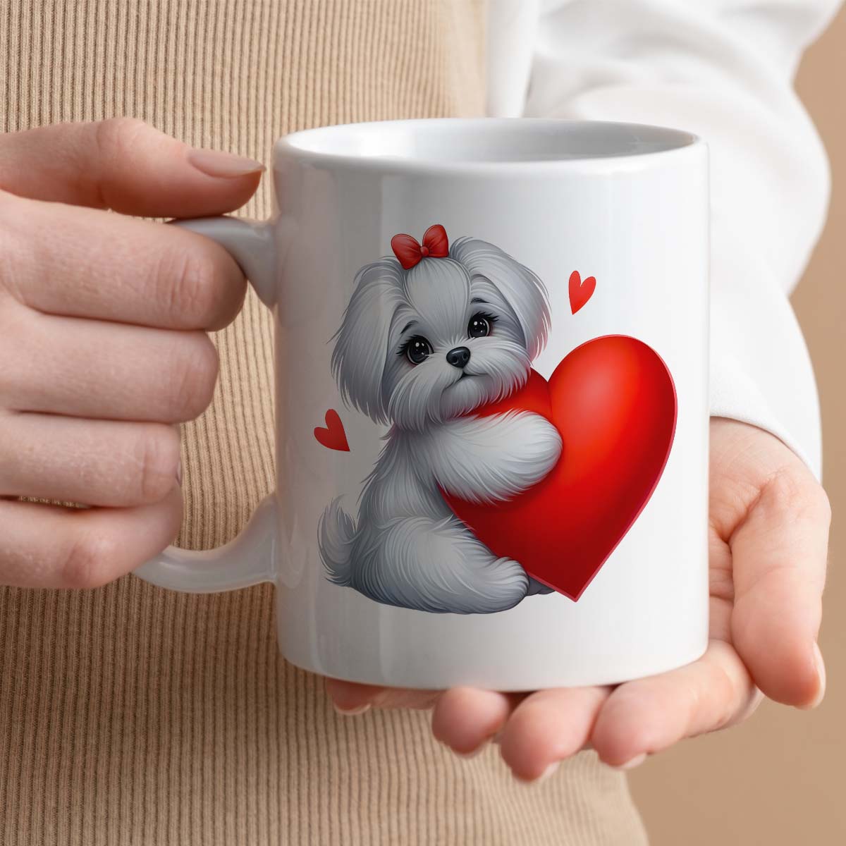 Valentine's Day Gift Mug | Optional Custom Text, 11oz Ceramic | Cute Maltese Dog Design