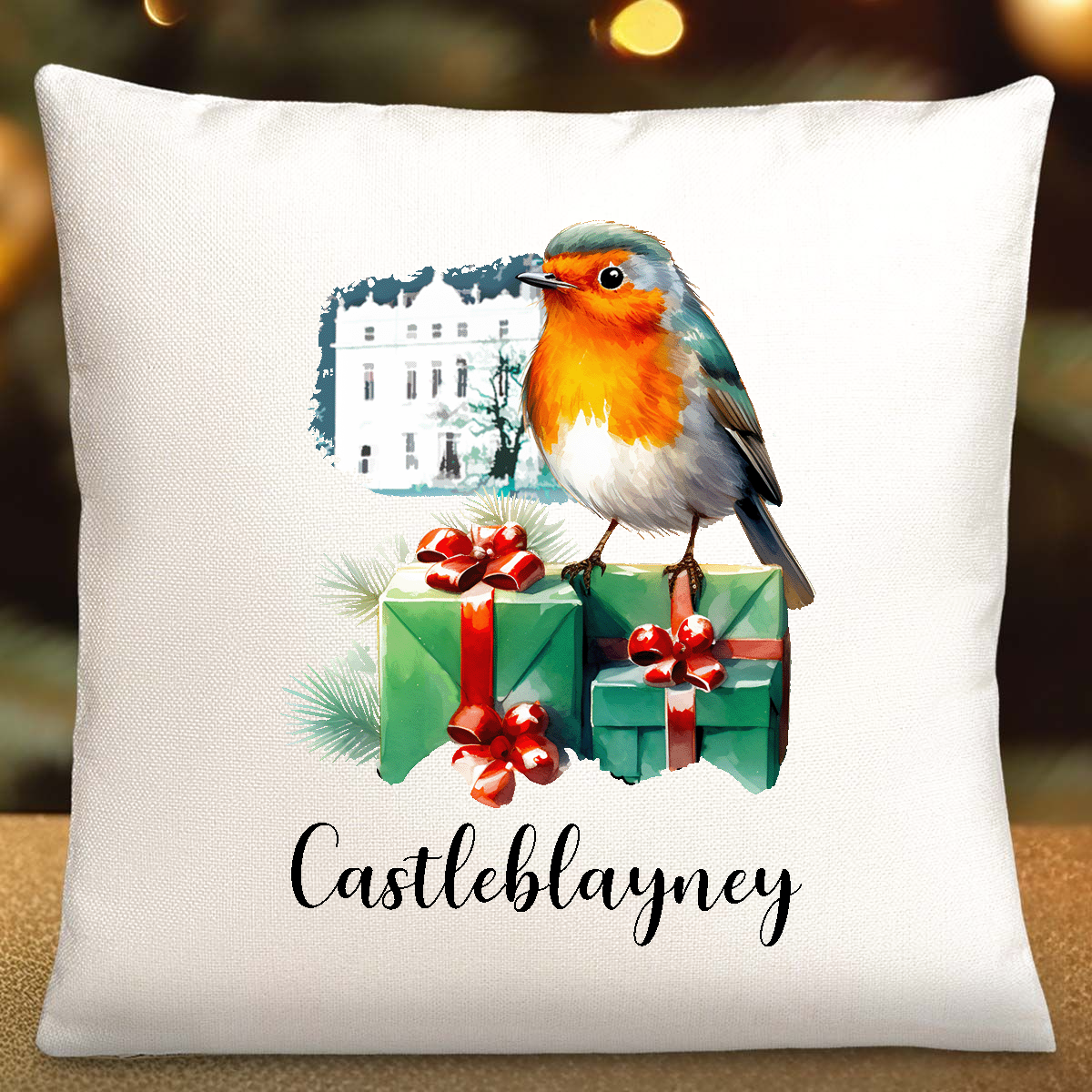 gift cushion with robin bird and muckno castle castleblayney design
