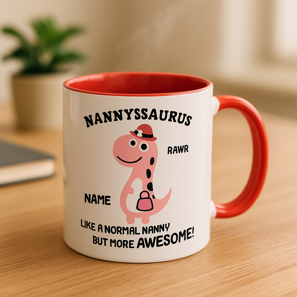 Mug with dinosaur design and text on a wooden surface