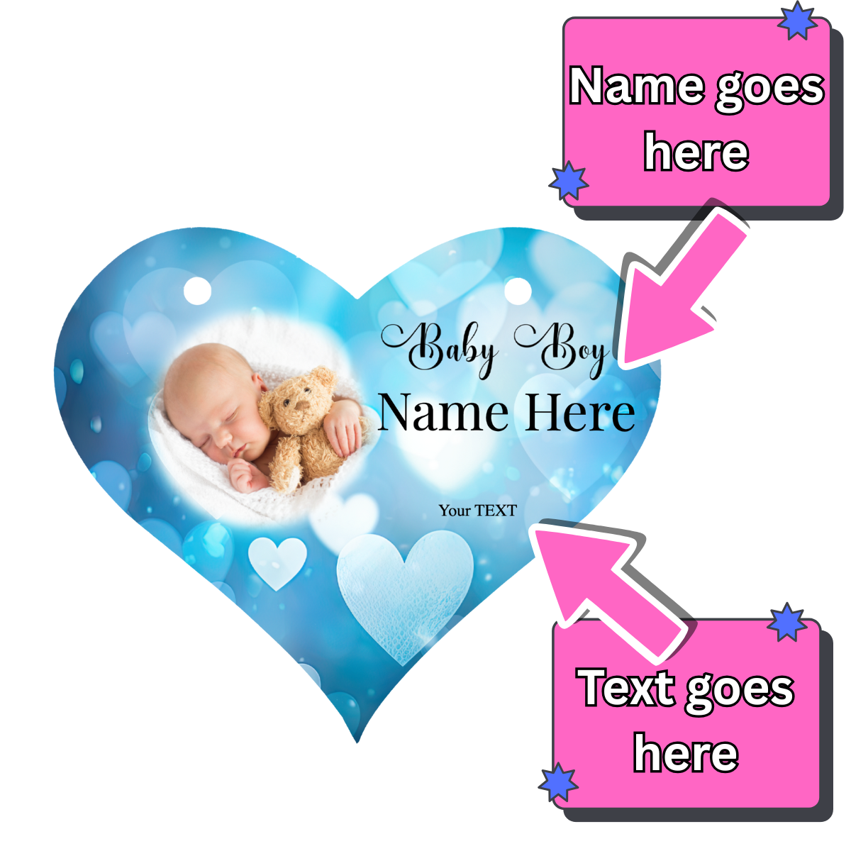 Personalised Hanging Sign, Baby Boy Design, Upload your Photo, Enter Name, Write Message