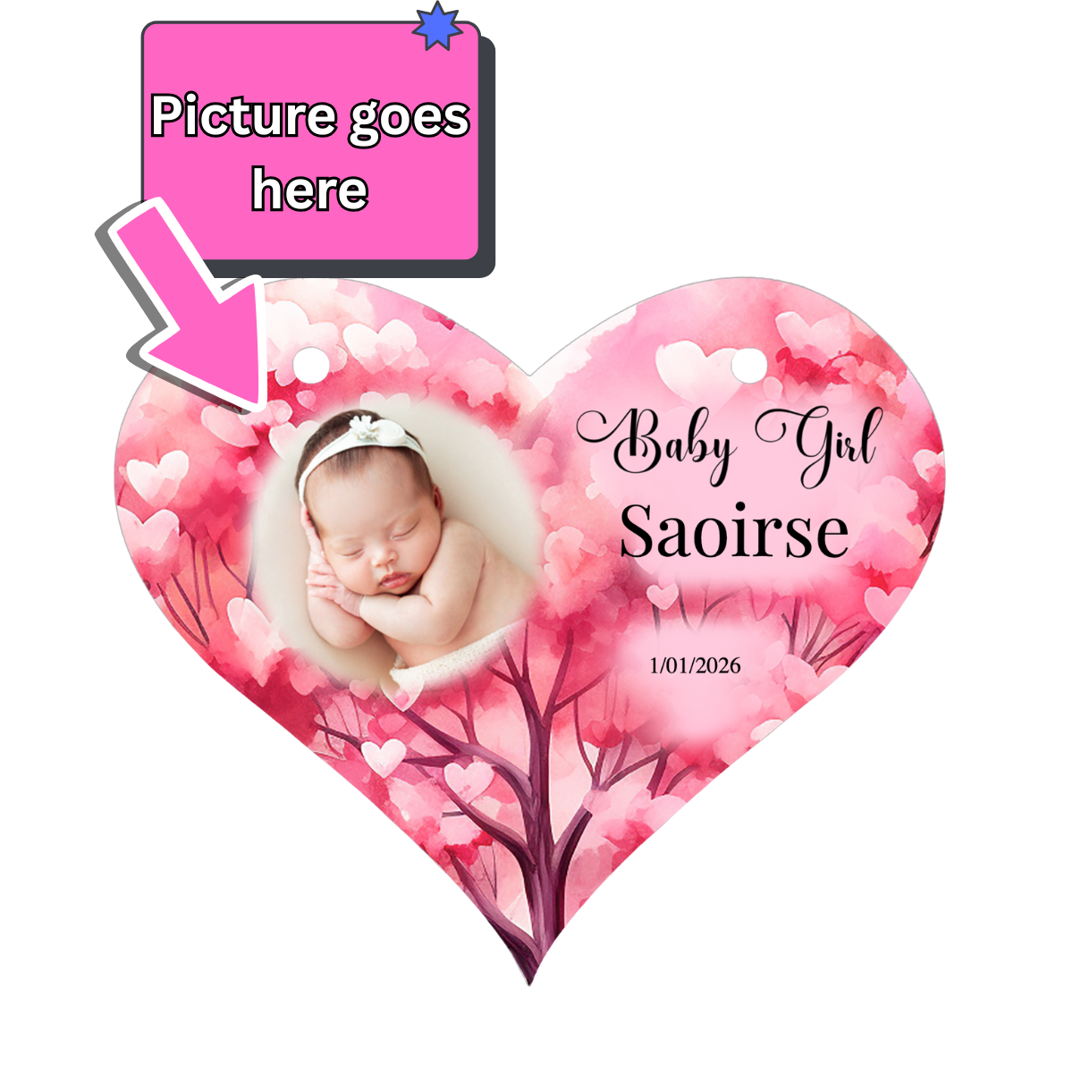 Personalised Hanging Sign, Baby Girl Design, Upload your Photo, Enter Name, Write Message