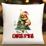 A square cushion with an illustration of a sloth wearing a Santa hat next to a Christmas tree, with the text 'Relax it’s CHRISTMAS' on it.