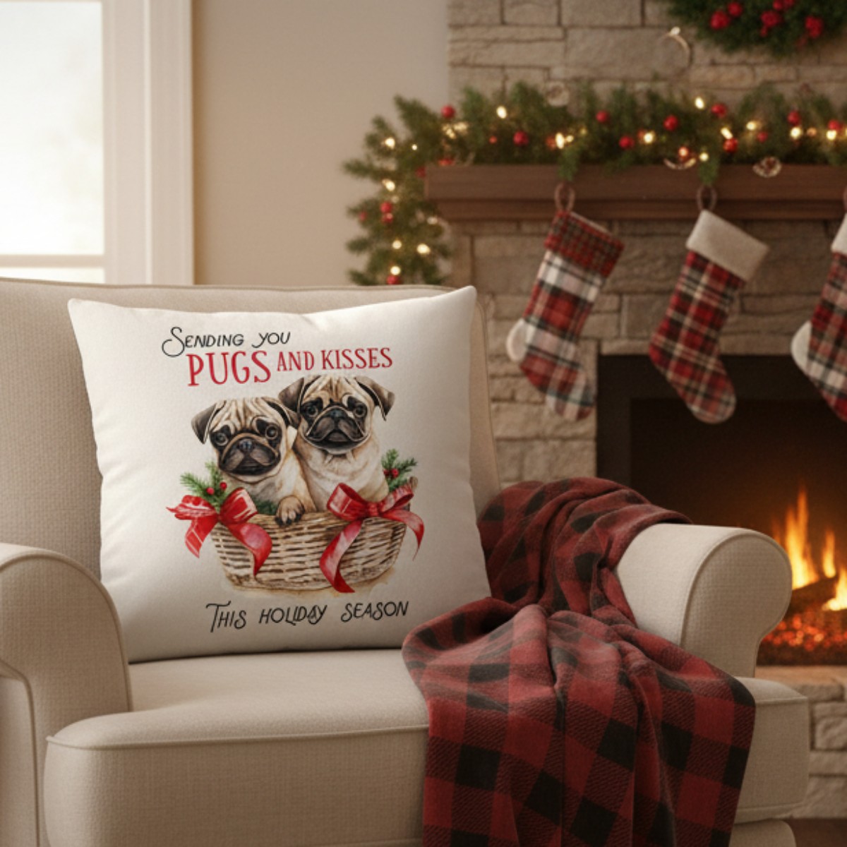 Decorative pillow with pug illustration on a chair in a festive living room.