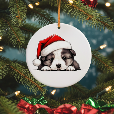 Christmas ornament with a puppy wearing a Santa hat on a decorated Christmas tree.
