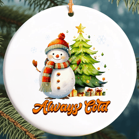 Christmas Ornament Gift - Cute Snowman Design | Custom Text | 75mm Round Ceramic
