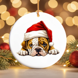 Christmas ornament with a bulldog wearing a Santa hat on a blurred festive background