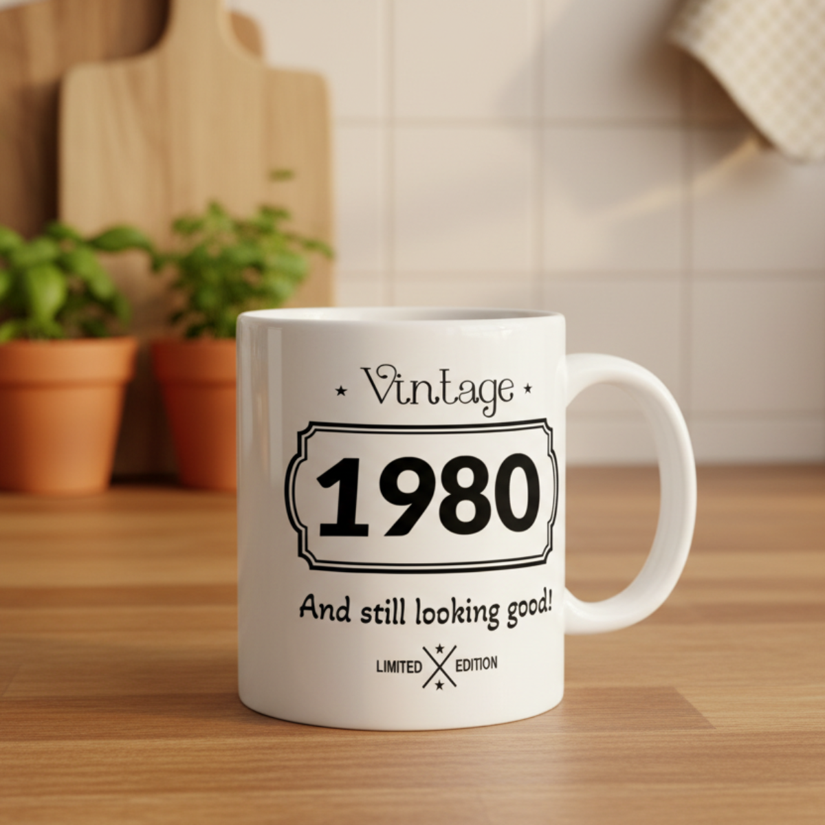 White mug with 'Vintage 1980 And still looking good!' text on a wooden surface.