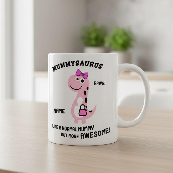 White mug with pink dinosaur graphic and text on a wooden surface