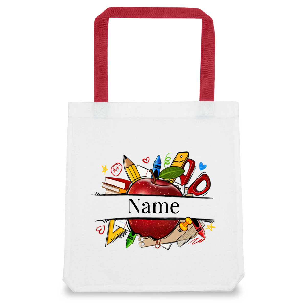 A white tote bag with red handles featuring a colorful illustration of an apple with pencils and the placeholder text 'Name' for personalization.