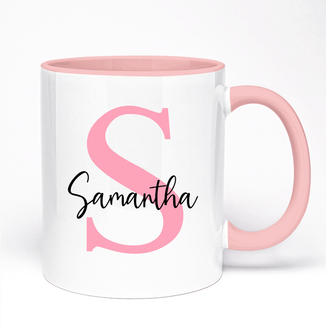 White mug with pink interior and handle, featuring a pink letter 'S' and the name 'Samantha'.