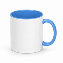 White ceramic mug with blue handle