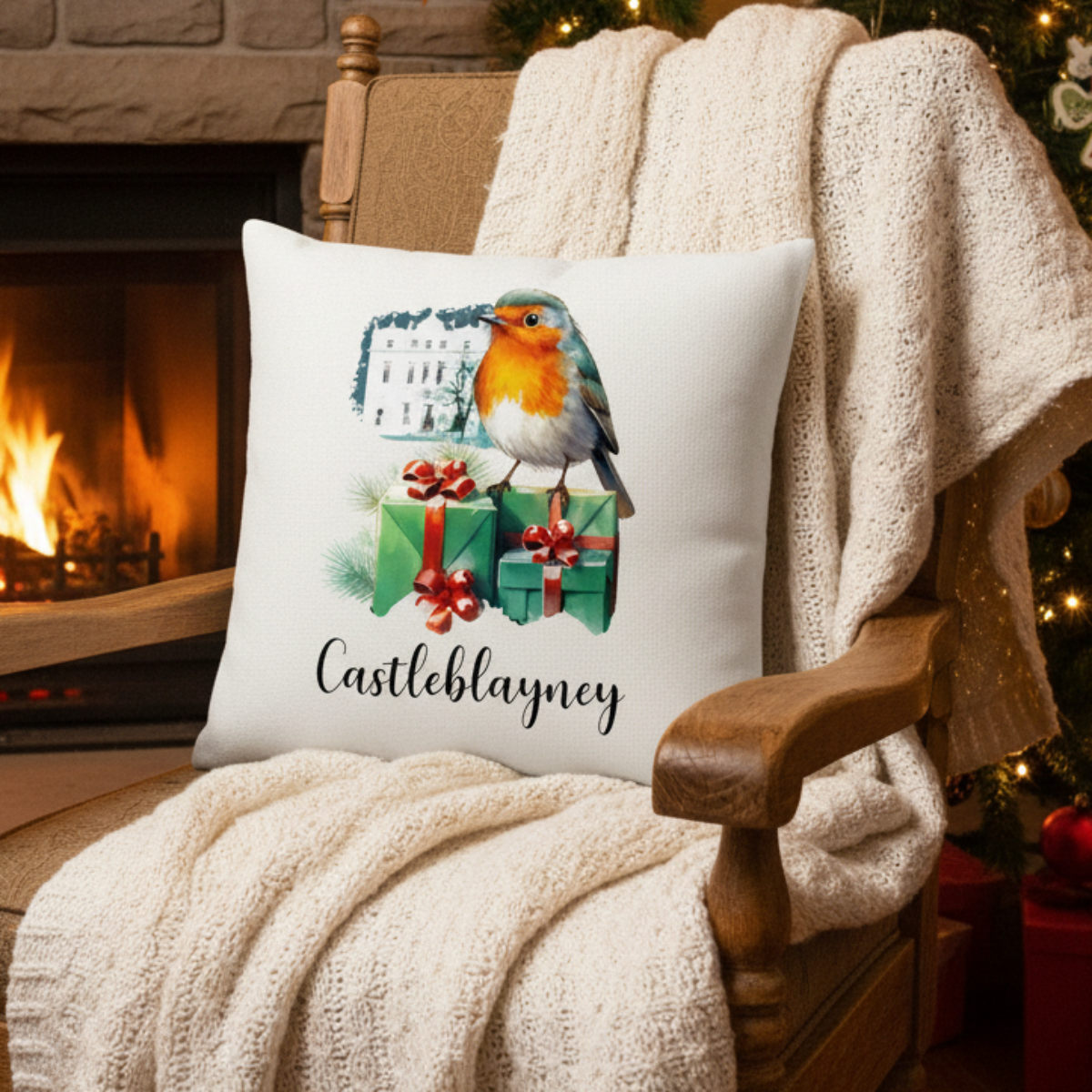 Decorative pillow with a robin and presents design on a chair by a fireplace.