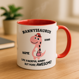Mug with dinosaur design and text on a wooden surface