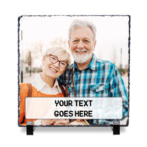 A personalized photo gift slate with a glossy finish, featuring an image of an older couple and space for custom text.
