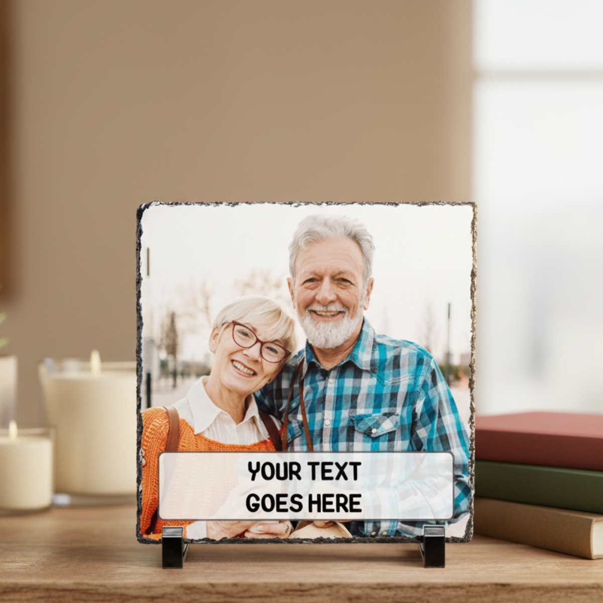 Personalized photo plaque with a couple's photo and customizable text on a wooden surface.